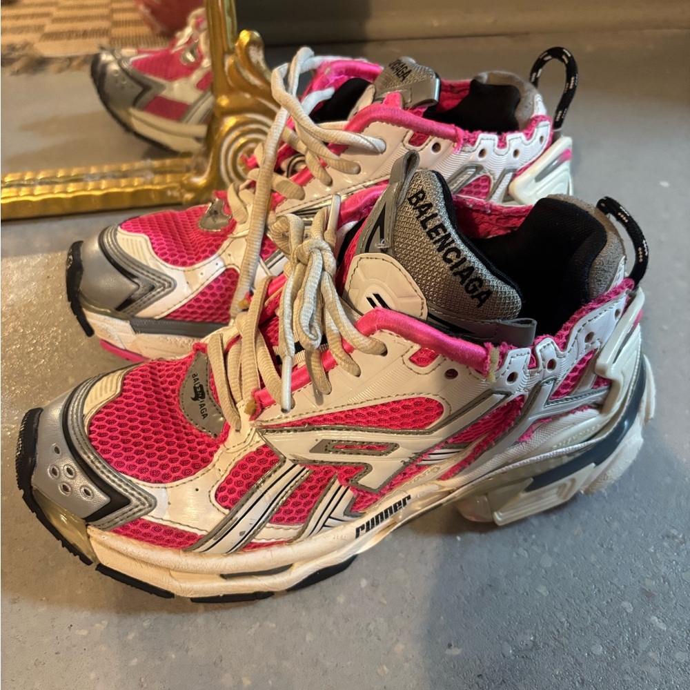 Balenciaga Hot Pink White Athletic Sneakers with Silver Accents 38